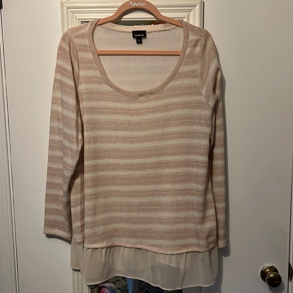 Torrid pink and white striped sweater with satin trim